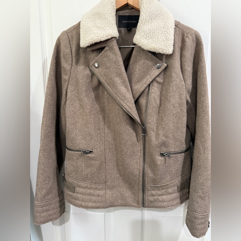 Banana Republic Brown Wool Moto Jacket Faux Fur Collar Motorcycle Zip & Buckle
